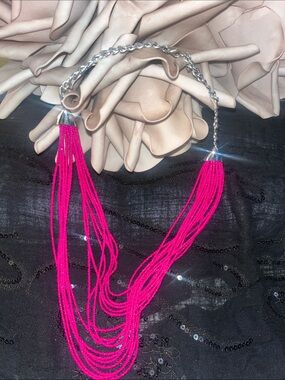 Hot Pink Multi-Strand Beaded Necklace with Silver Chain Accents